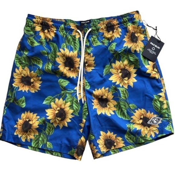 PacSun Sunflower Print Blue Yellow Swim Trunks Mens Small - Picture 12 of 12